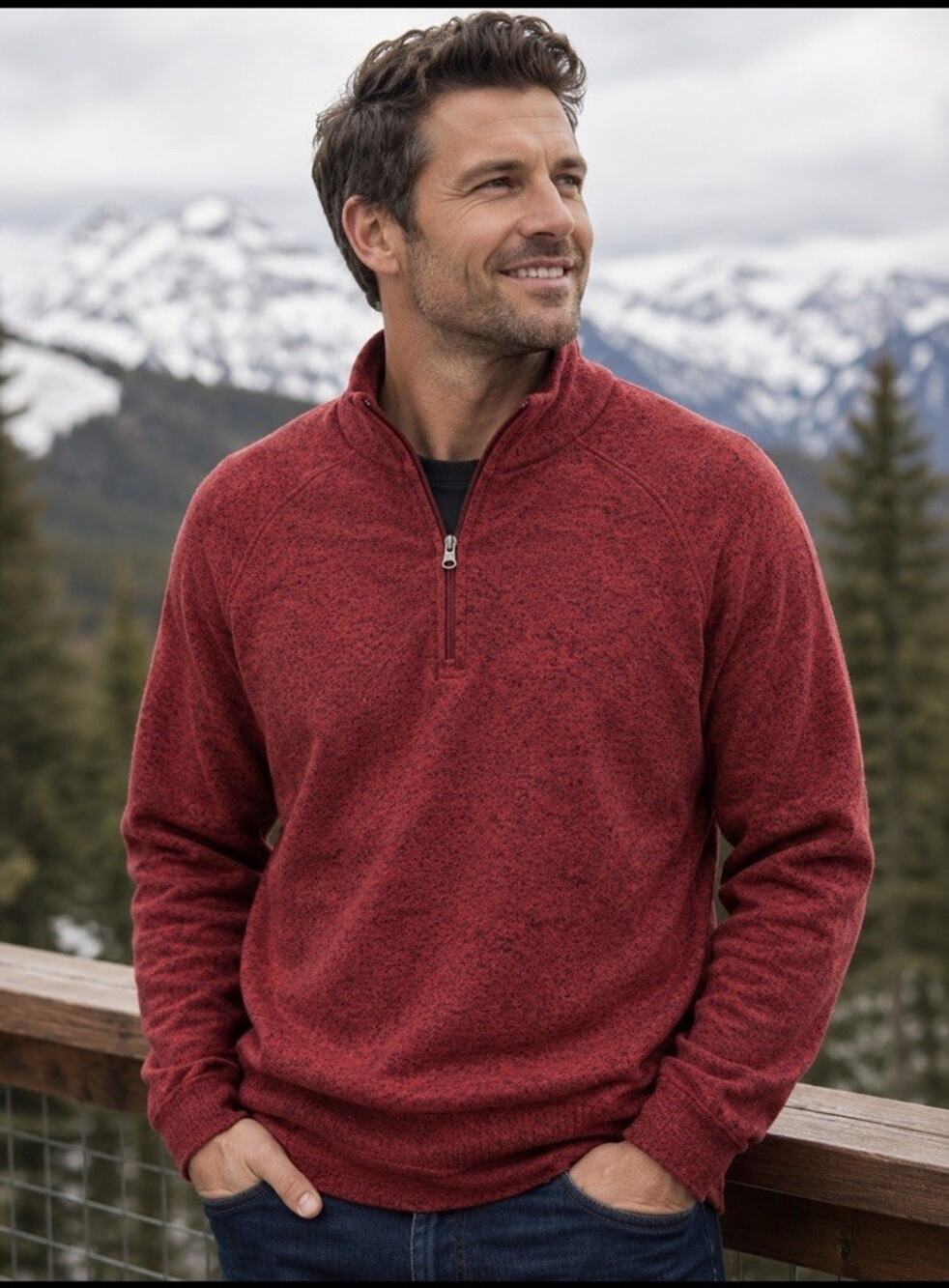 NWT VTG 1946 Men’s Red Speckled Black 1/4 Mock Neck Fleece Sweater Winter